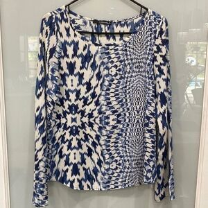 Caramela Women's White Blue Geometric Pattern Long Sleeve Blouse Dress Top Sz S